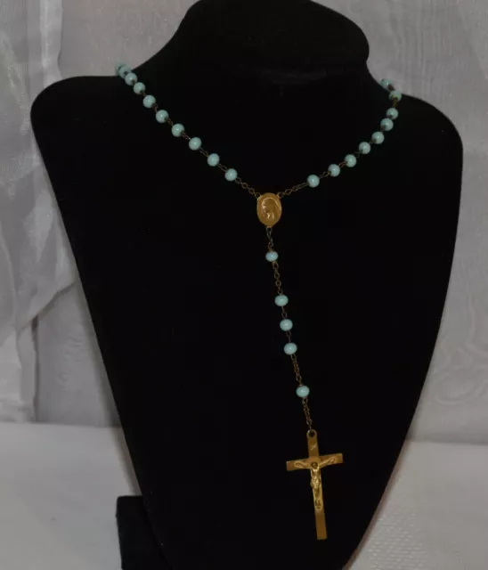 Vintage Gold Tone Blue Bead Crucifix Sacred Rosary