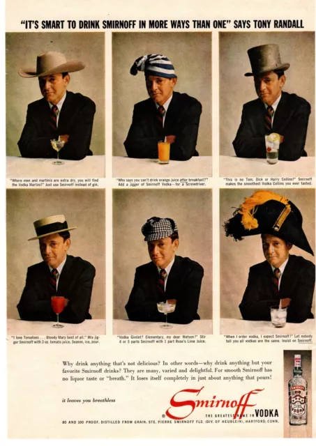 1959 Tony Randall Smirnoff 100 Proof Vodka Hartford Six Different Hats Print Ad