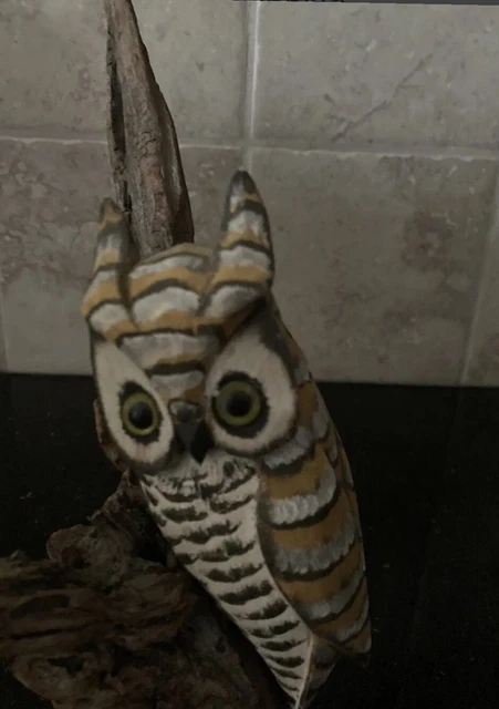 Hand Carved, painted Wooden Owl On Log 5"w x 10"H Driftwood Vintage