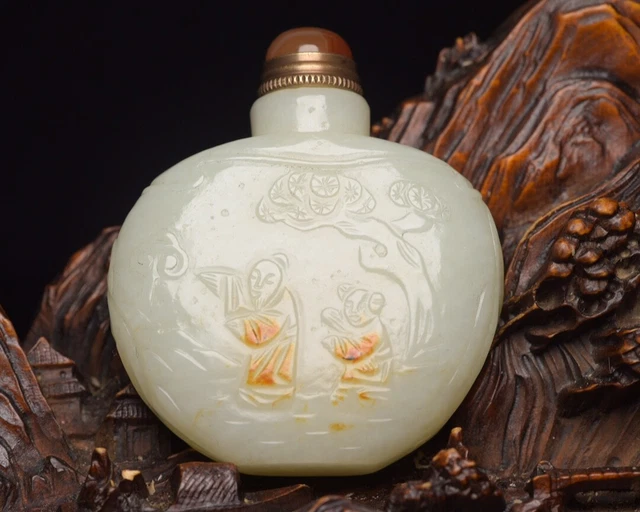 Chinese Exquisite Handmade Flowers Bird Carving Hetian Jade Snuff Bottle