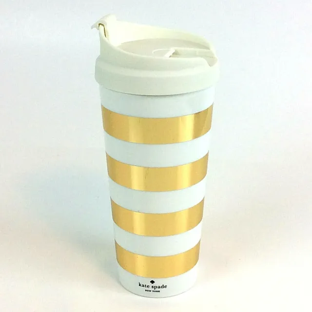 KATE SPADE New York Thermal Travel Mug Coffee Tea Gold Metallic Stripe 16 oz