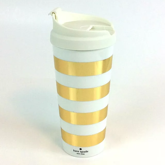 KATE SPADE New York Thermal Travel Mug Coffee Tea Gold Metallic Stripe 16 oz