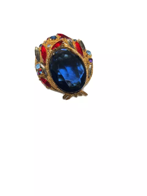 Art Big Vintage Sapphire Blue And Ruby Red Glass Victorian Revival Pin