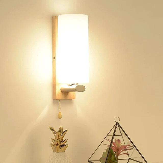 Modern White Wall Light Sconce Glass Shade Bedside Hallway Lamp With Pull Switch