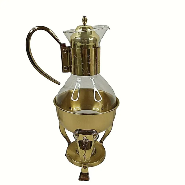Vintage Brass Coffee Tea Glass Carafe Pitcher Pot Candle Warmer Stand 1970s