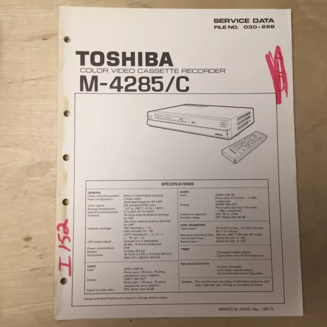 Manuel d'entretien Toshiba pour magnétoscope magnétoscope M-4285 C