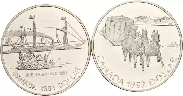 Künker: Kanada, 2 x 1 Dollar 1991, 1992, u.a. Frontenac, Silber, PP!