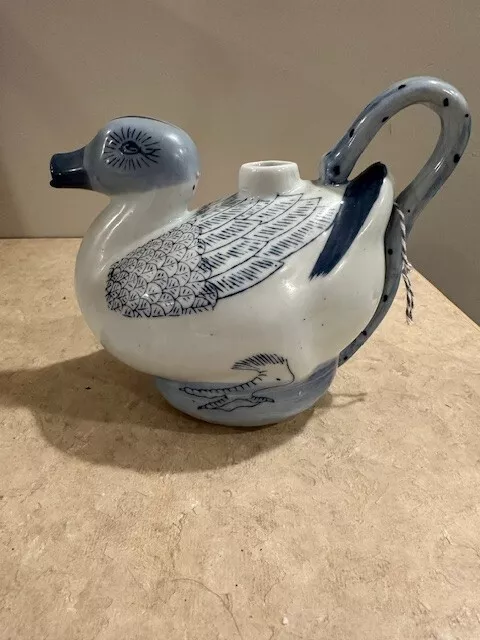 Vintage Ceramic Duck Teapot Hand Painted Blue & White