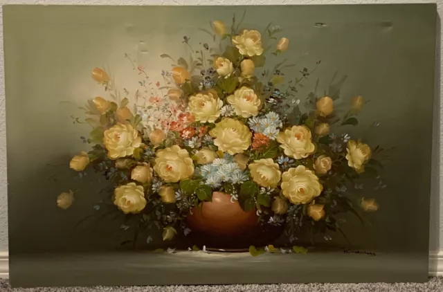 Original Oil On Canvas Floral Still Life Signed Painting Bouquet Flowers 35 x 24