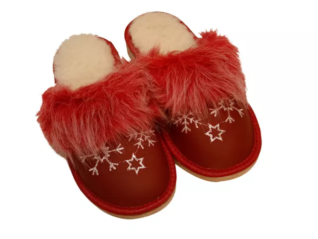 Real Leather Sheepskin Fur Snowflakes Red Fur Lady slippers mules sizes 3 - 9