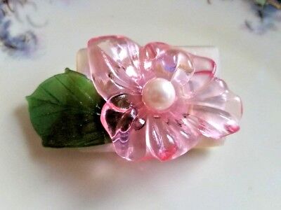 Handmade Flower Brooch Pin Vintage Pink Flower Glass Leaf Vintg MOP Buckle 2.25"