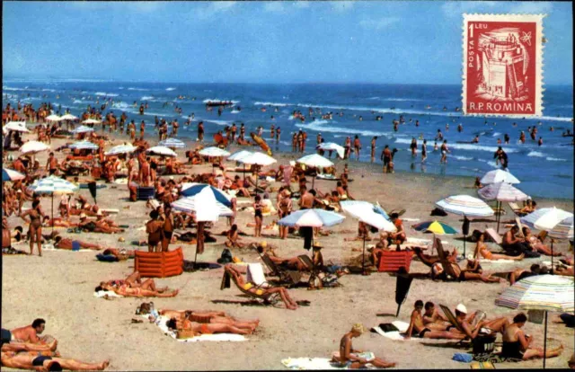 Mamaia Rumänien AK Postcard 1976 frankiert vorne mit R.P. Romina Briefmarke