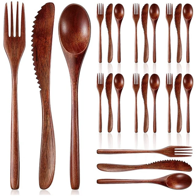 Forchetta legno leone coltello set posate legno cibo stoviglie cucina legno B5003