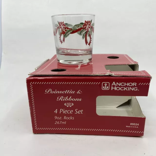 Set Of Four Anchor Hocking Poinsettia & Ribbons 9oz Glasses New Old Stock