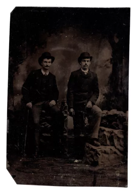 CIRCA 1870s 1/6TH PLATE TINTYPE TWO HANDSOME YOUNG MEN IN SUITS WITH MUSTACHES
