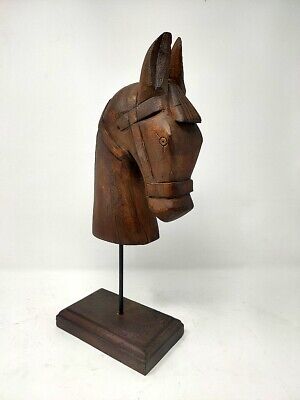 Antique Wooden Horse Head Statue Figure With Stand Old Figurine Sculpture