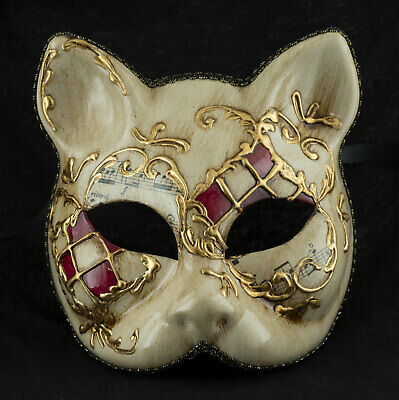 Mask Cat Venetian Carnival Venice Red Golden Painted Handmade 1950 V60