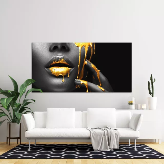 Goldschwarze Lippen gesicht Leinwand bilder Frau , Kunstdruck wandbild