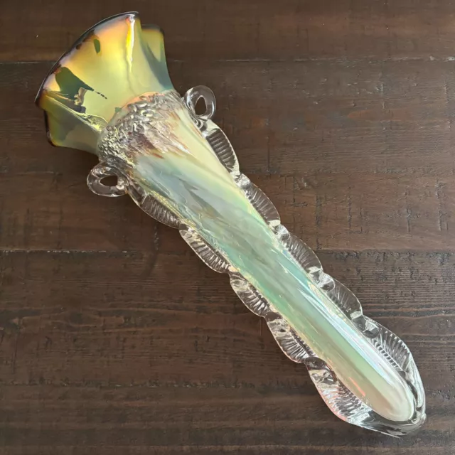 John Barber Art Glass Hanging Vase 15” Iridescent Opalescent Rigaree Hand Blown