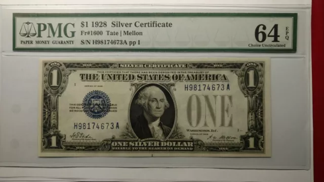 Fr-1600 $1 1928 Silver Certificate PMG 64 EPQ Choice Uncirculated. Has FUNNY BAC