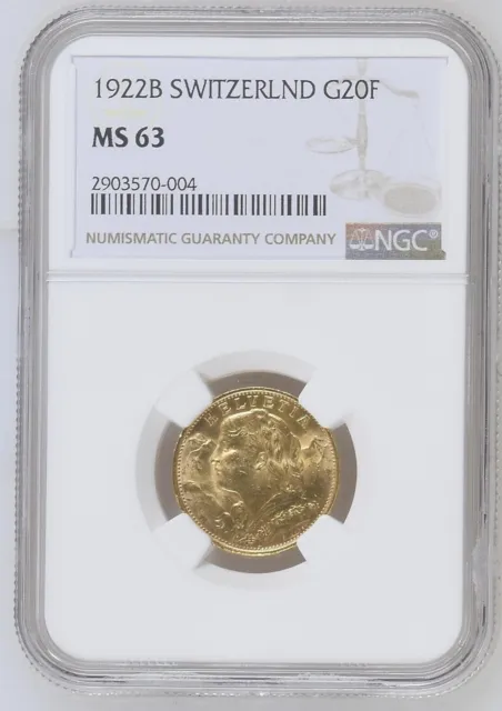 1922 B Swiss Gold Coin 20 Francs Helvetia BU, Switzerland, Bern, AU. NGC MS 63