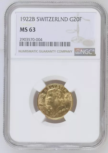 1922 B Swiss Gold Coin 20 Francs Helvetia BU, Switzerland, Bern, AU. NGC MS 63