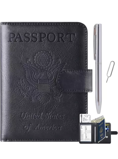 Passport Holder Cover Travel Essentials Leather Travel Wallet Rfid Block - Black
