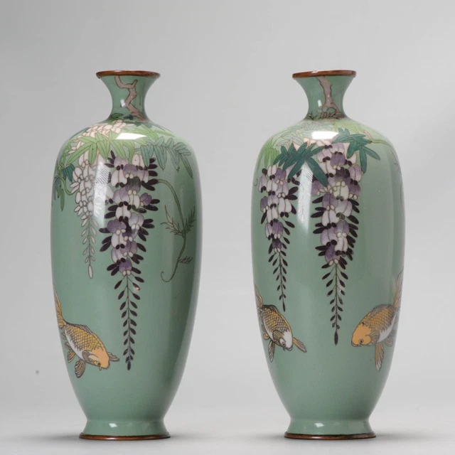 A Pair of Vases with Wisteria flowers and Goldfish on green cloisonné enamel ...