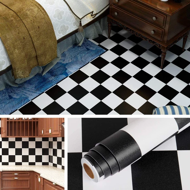 Livelynine Checkered Black and White Vinyl Flooring Roll 15.8x78.8 in Waterproof