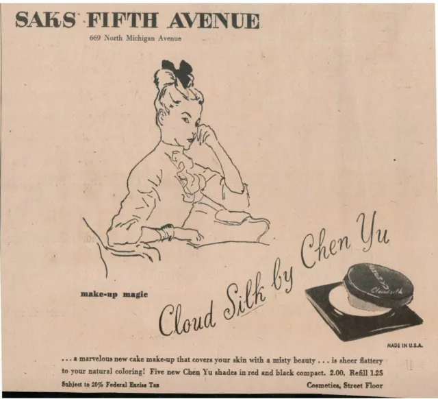 1940's Saks Fifth Avenue "Cloud Silk by Chen Yu" Makeup Cosmetic Newspaper Ad
