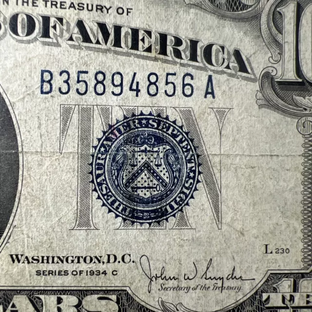 Ten Dollar Silver Certificate B District A Run Dc Print B35894856A 1934 C Series