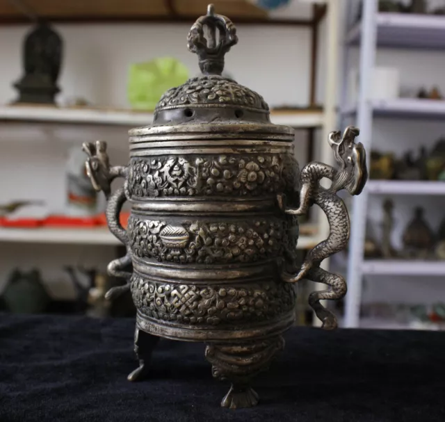 Chinese Tibetan Buddhist Temple statues Silver Dragon censer incense burner