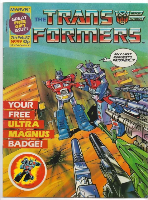 The Transformers #99 Free Ultra Magnus Sticker Badge! VG (1987) Marvel Comics UK