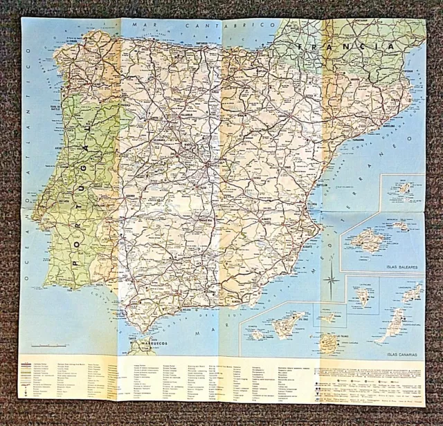 Vintage 1965 Multilingual Spanish Dep't Tourism General Map of Roads in Spain 65