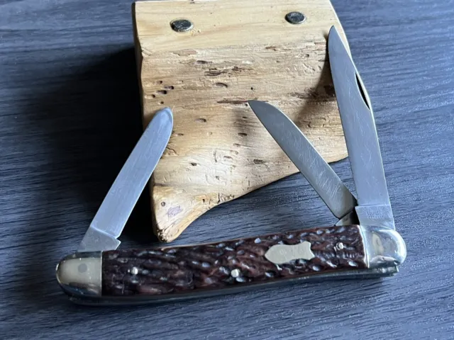 Vintage German Eye Carl Schlieper Brown Bone 3-Blade Large Stockman Pocket Knife