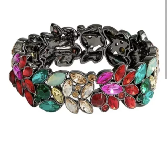 J Crew Crystal Leaf Cluster Multicolor Stone Stretch Bracelet Gunmetal NWT NEW🍃