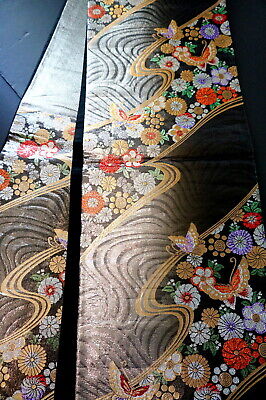 Japanese Kimono SILK Fukuro OBI, Rokutu , Gold/Lame thread, Plants, L180"..2602