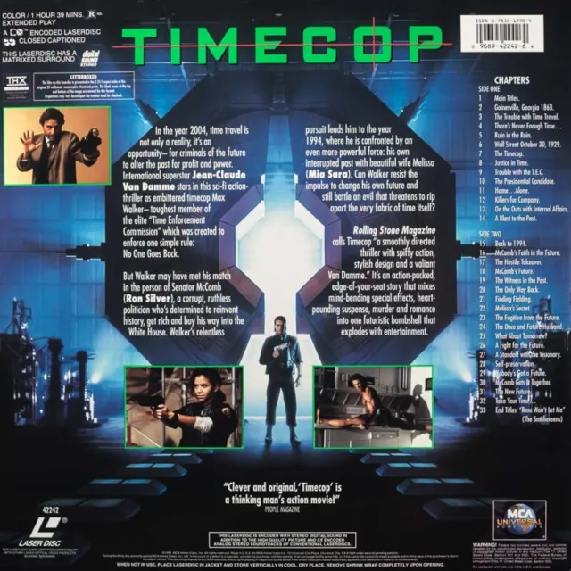 TIMECOP WS THX CC CLV NTSC LASERDISC Jean-Claude Van Damme, Mia Sara 2