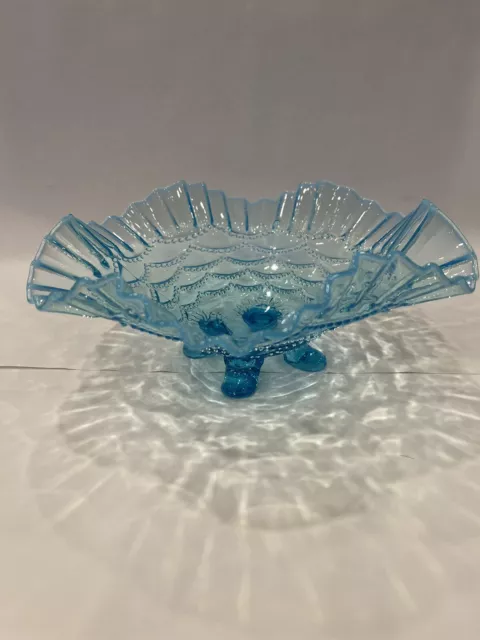 Antique Northwood Blue Opalescent  Glass Bead Drape Ruffle Edge Footed Bowl