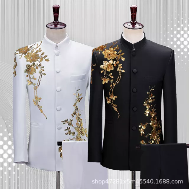 Chinese Style Mens Coat Suit Stand Collar Jackets Black Suit Pants Jacket 2pcs