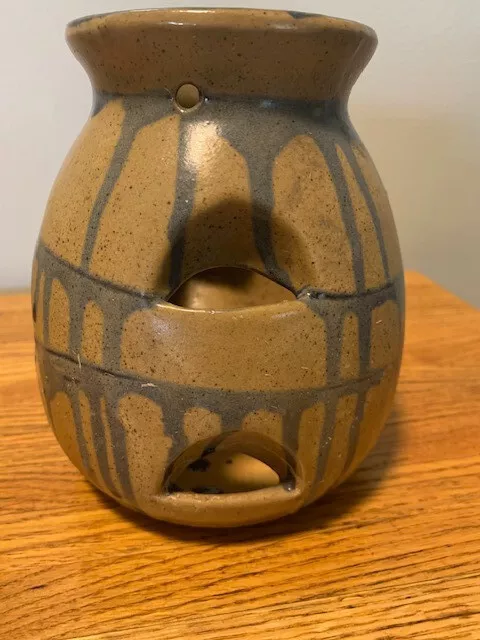 Vintage Tan & Blue Glazed Pottery 6 1/2 inch tall Planter w/ holes for hanging