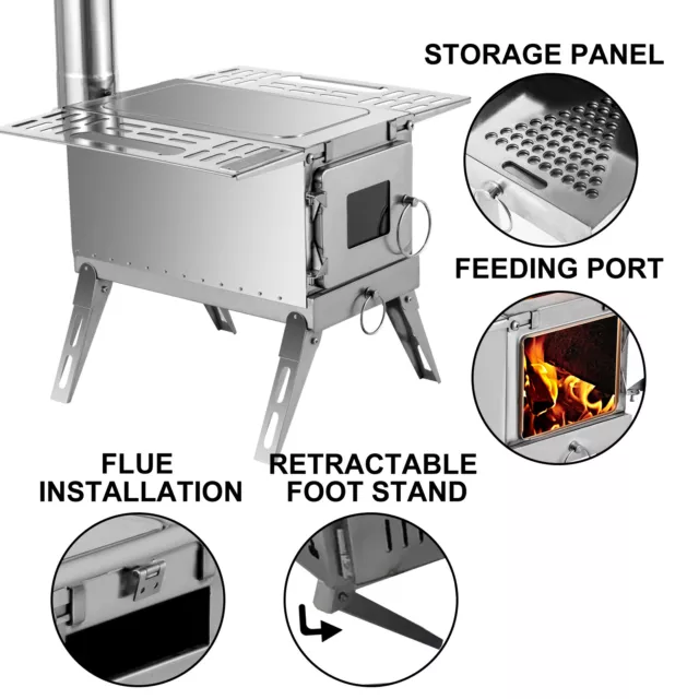 VEVOR Outdoor Wood Stove SS304 Portable Camping with Pipe Vented Tent Cooking 2