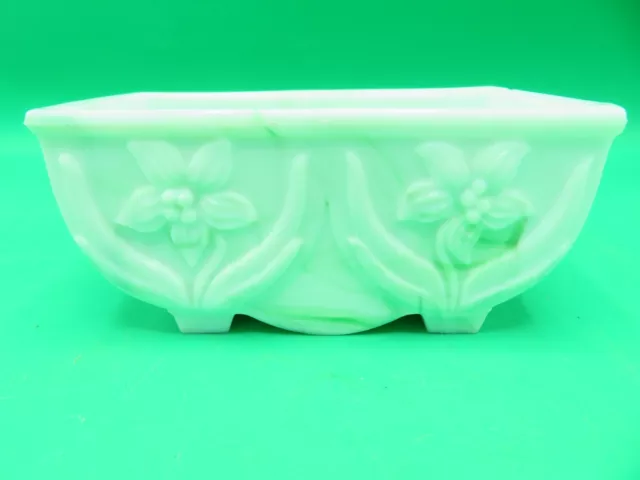 Vintage Akro Agate Glass #657 Green Swirl Daffodil Rectangular Footed Planter J5