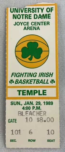 1989 01/29 Temple at Notre Dame Basketball Ticket Stub - Seat 9