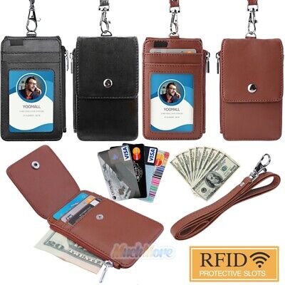 New PU Leather Neck Strap ID Badge Credit Card Holder Pouch Wallet 5 Card Slots