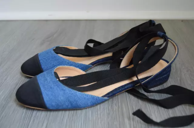 JCrew $138 Denim Ankle-Wrap Flats Sz 6 Crisp Azure G0917 Blue Black Shoes