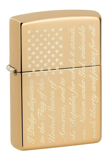 Zippo 49585, Flag-Pledge of Allegiance Design, High Polish Brass Lighter