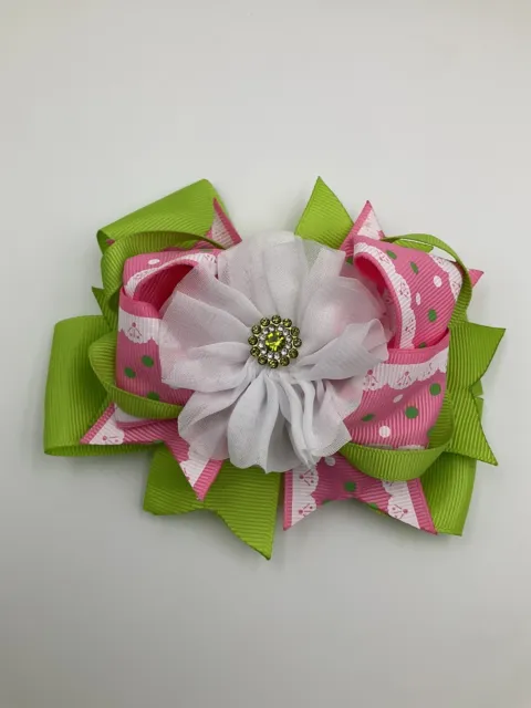 5.5 Inch Hand Made Boutique Hair Bow Fashion Girls Green Pink Hair Clip Stacked