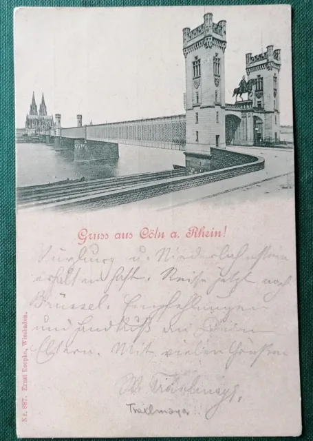 Ak Gruss aus Cöln am Rhein - Bahnpost Coeln - Aschaffenburg Zug.98 gel.1897