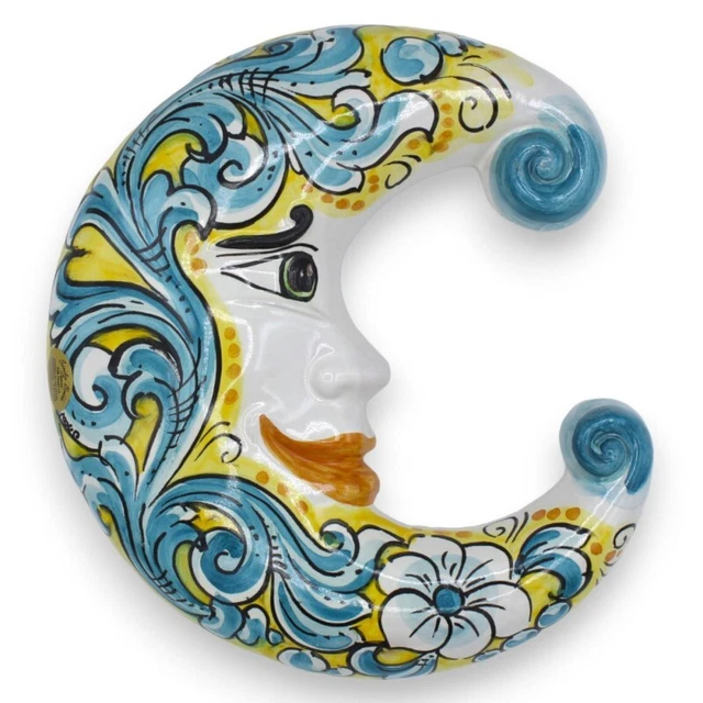 Luna in ceramica Caltagirone - h 25 x 20 cm ca. decoro barocco turchese su fondo
